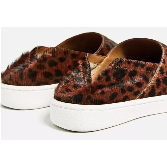 New Zara Cheetah Print Leather Hair On Brown Sneaker 7.5 Foldable Heel Women - Picture 6 of 7